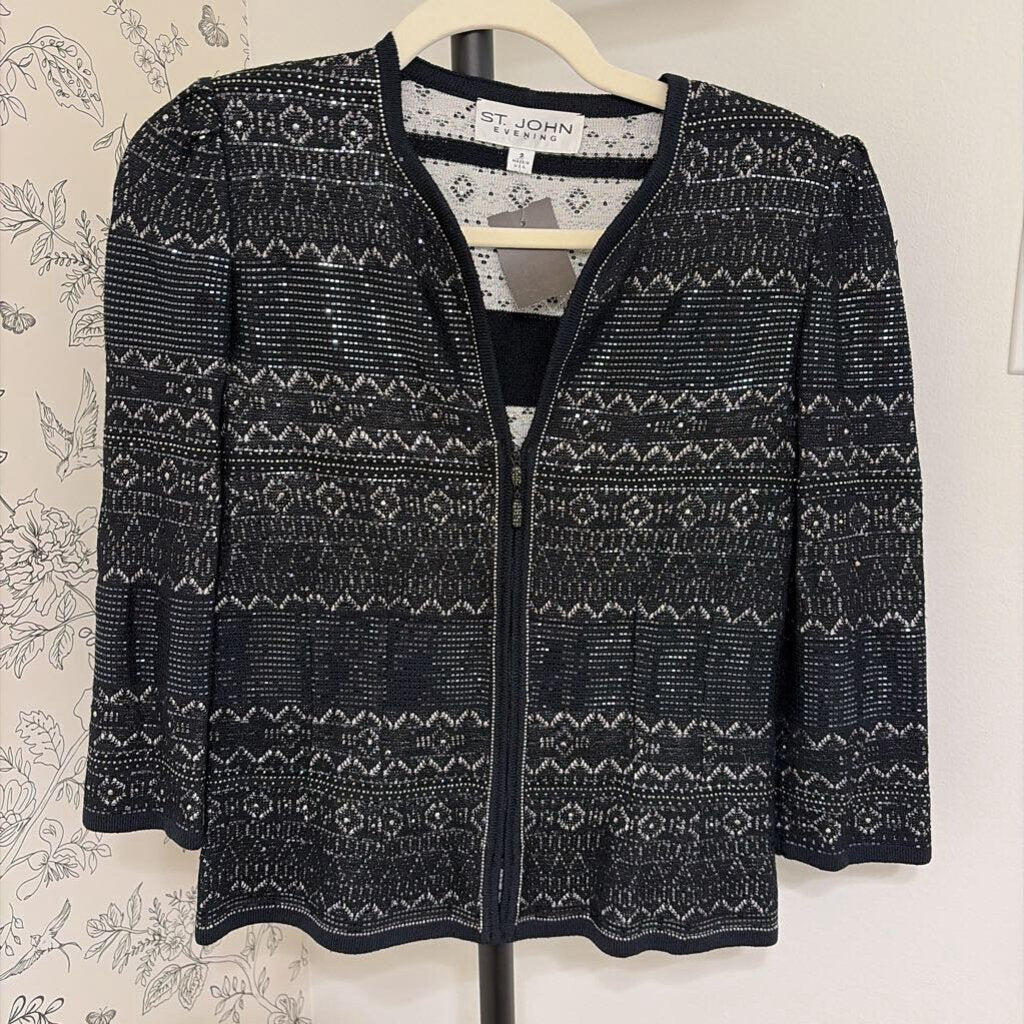 ST.John zip-up knit blazer w/ rhinestones geomertic pattern