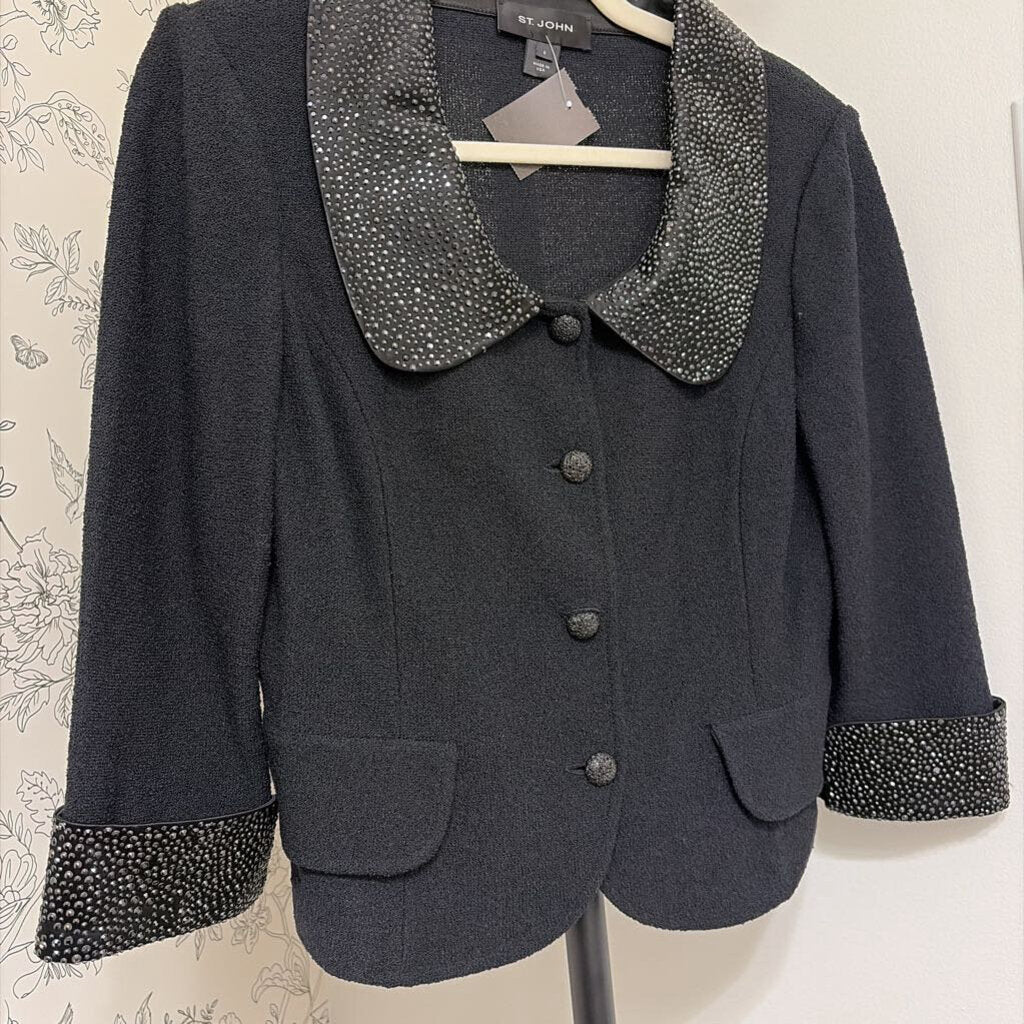 St. John black knit blazer w/ collar elegant rhinestone and cuff deails
