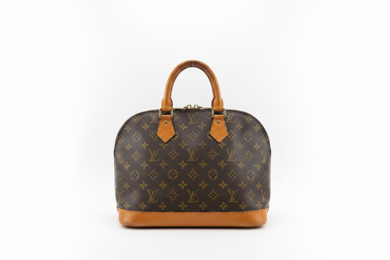 Louis Vuitton monogram canvas dome handbag with tan leather handles and base, photographed against a plain white background.